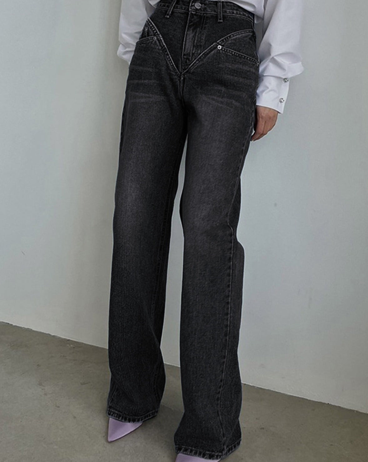 Vintage Wash Denim Straight Leg Jeans Black