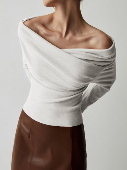 Off Shoulder Wrap Long Sleeve Knit Top White