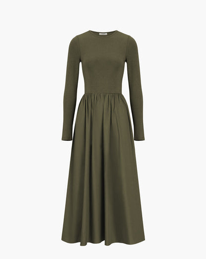 Leisure Pockets Long Sleeve Long Dress ArmyGreen