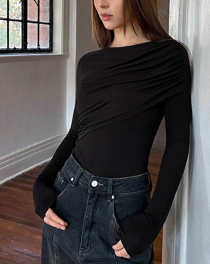 Layered Long Sleeve Pleated Shirt Black