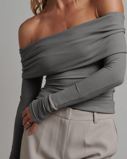 Off Shoulder Overfold Long Sleeve Crop Shirt Grey