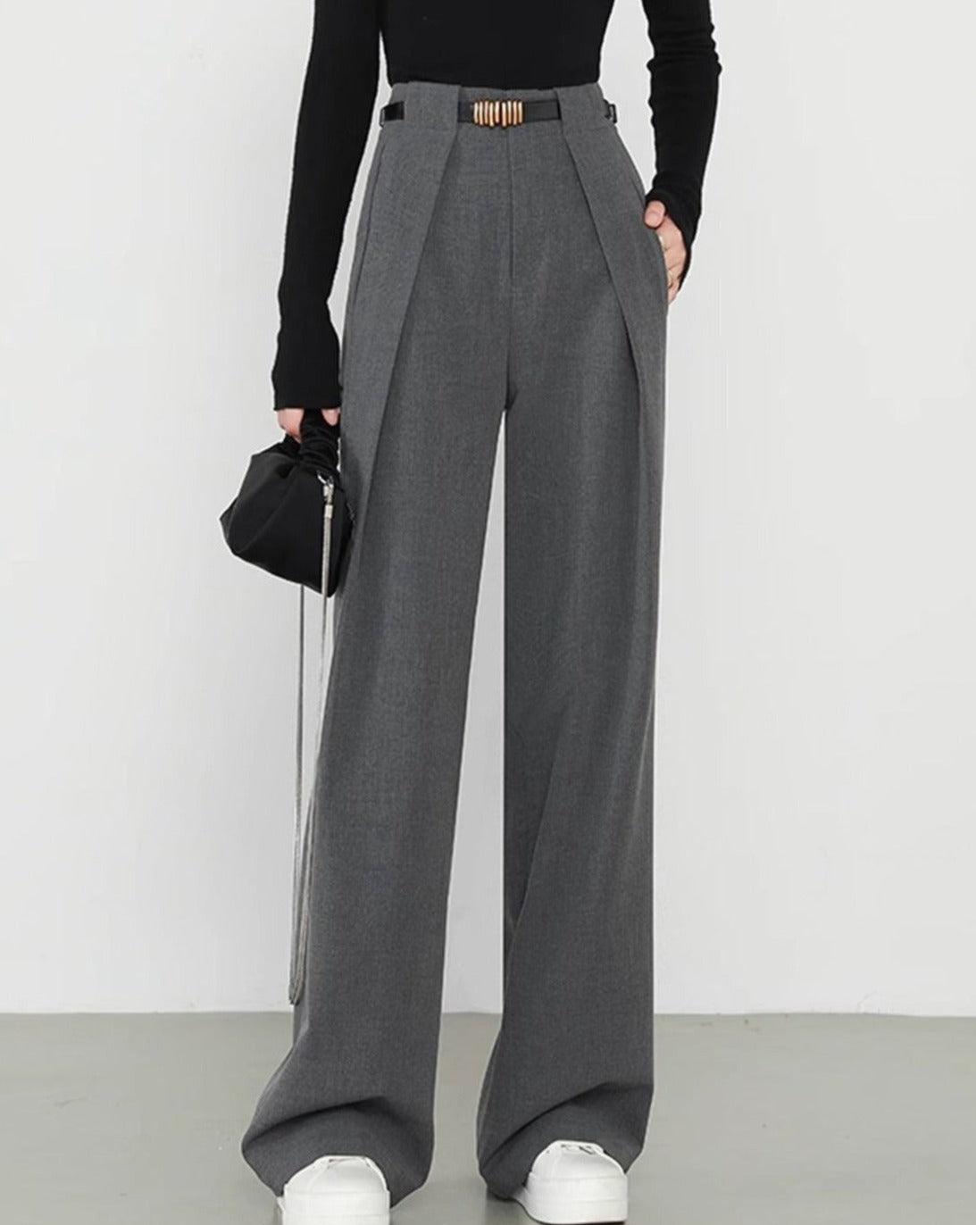 Middle Waist Solid Pocket Straight Leg Pants Grey