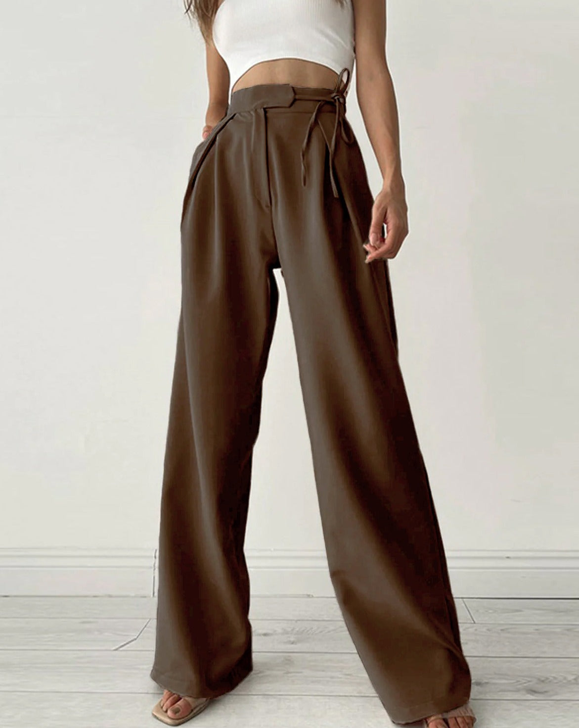 Palazzo Tied Wide Leg Dress Pants Brown