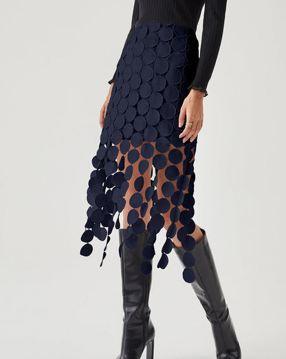 Laser Cut Multi Circle Double Layered Skirt Navy