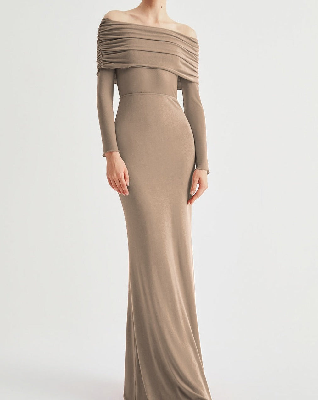 Overfold Off-Shoulder Mesh Long Sleeve Long Dress Khaki