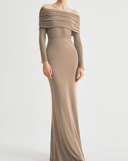 Overfold Off-Shoulder Mesh Long Sleeve Long Dress Khaki