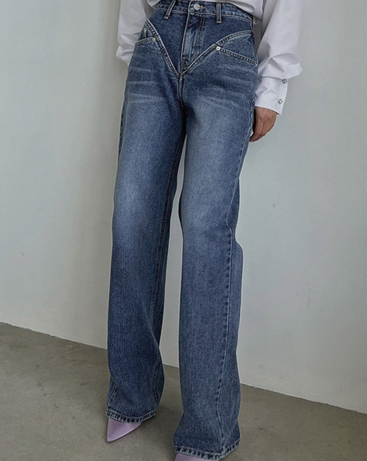 Vintage Wash Denim Straight Leg Jeans Blue