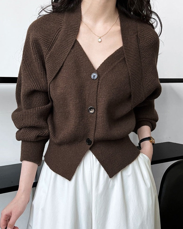 Patchwork V-neck Button Sweater Dark Brown