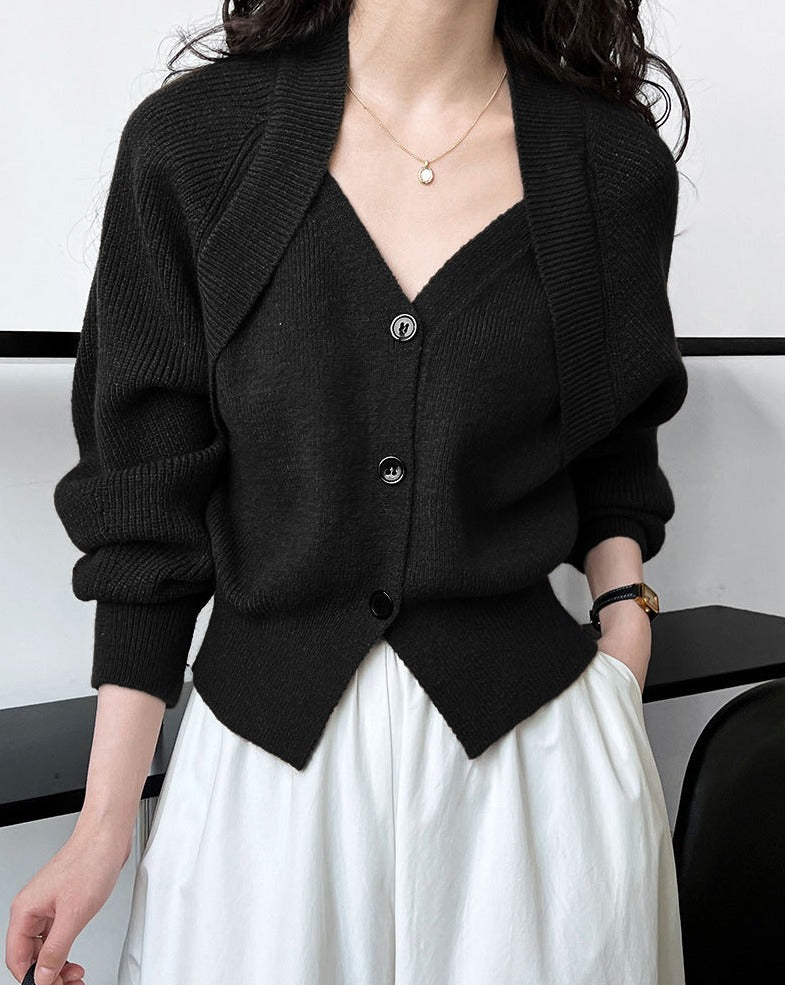 Patchwork V-neck Button Sweater Black