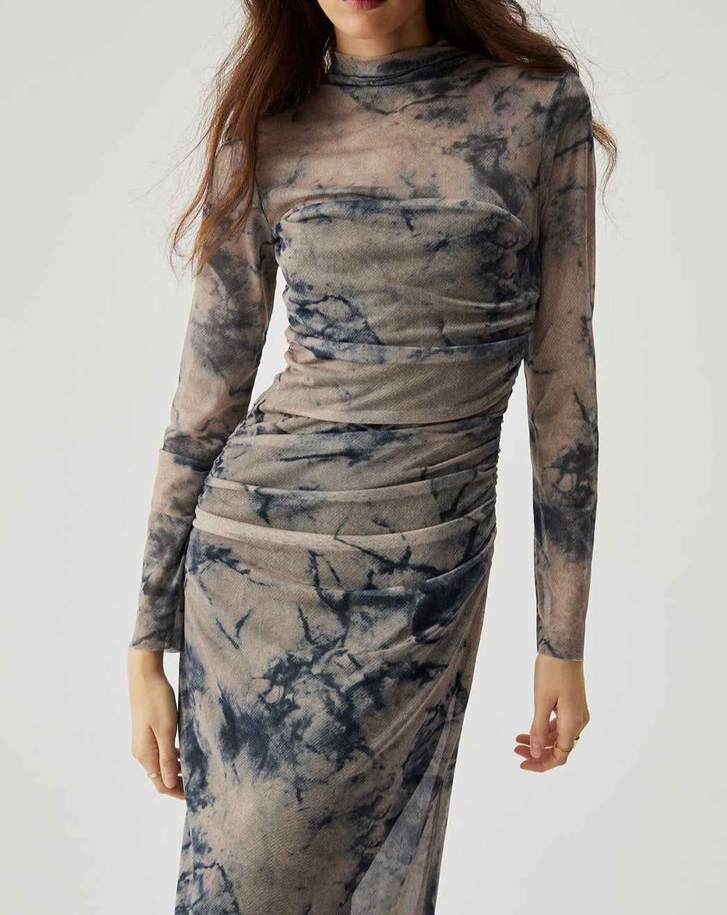 Mesh Floral Print Ruched Long Sleeve Midi Dress