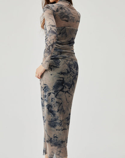 Mesh Floral Print Ruched Long Sleeve Midi Dress