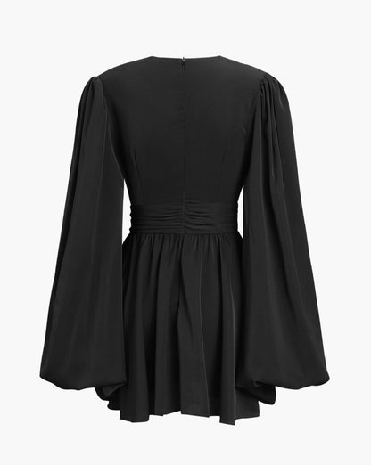 Chiffon Low Cut V-neck Pleated Zip Mini Dress