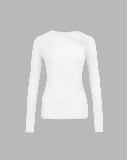 Ribbed Knit Long Sleeve Asymmetric Shirt White