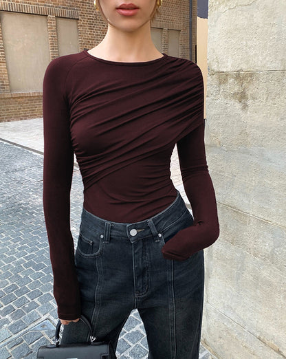 Layered Long Sleeve Pleated Shirt Burgundy