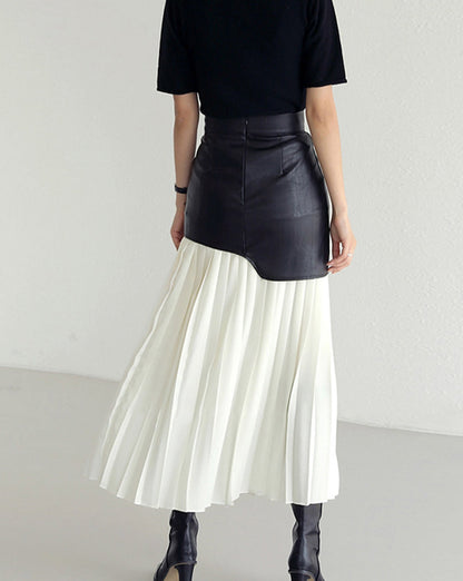 Asymmetric Patchwork Faux Leather Chiffon Pleated Midi Skirt