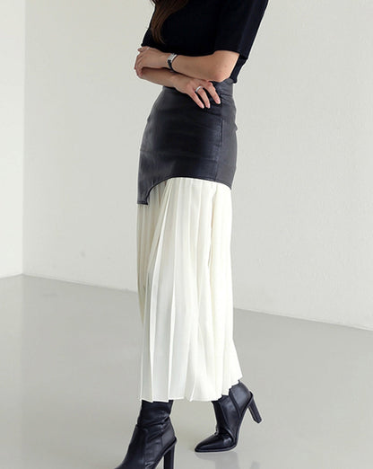 Asymmetric Patchwork Faux Leather Chiffon Pleated Midi Skirt