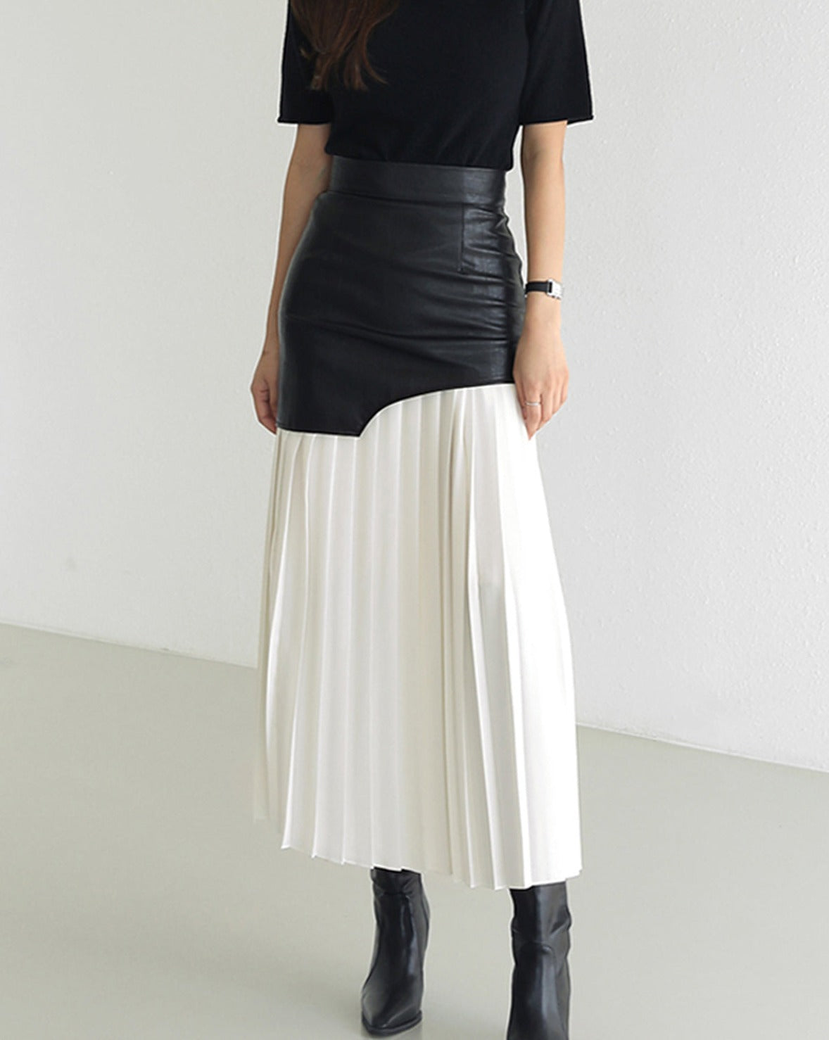 Asymmetric Patchwork Faux Leather Chiffon Pleated Midi Skirt White