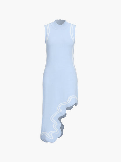 Knit Asymmetric Contrast Trim Mock Neck Midi Dress LightBlue