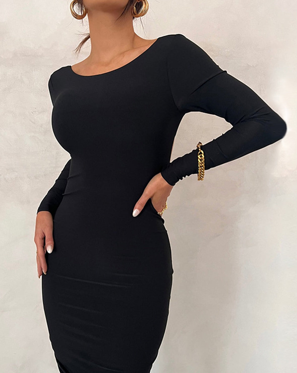 Ruched Open Back Long Sleeve Maxi Dress Black