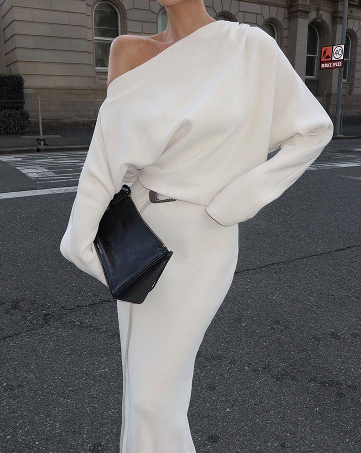 Asymmetrical Off Shoulder Solid Long Sleeve Maxi Dress White