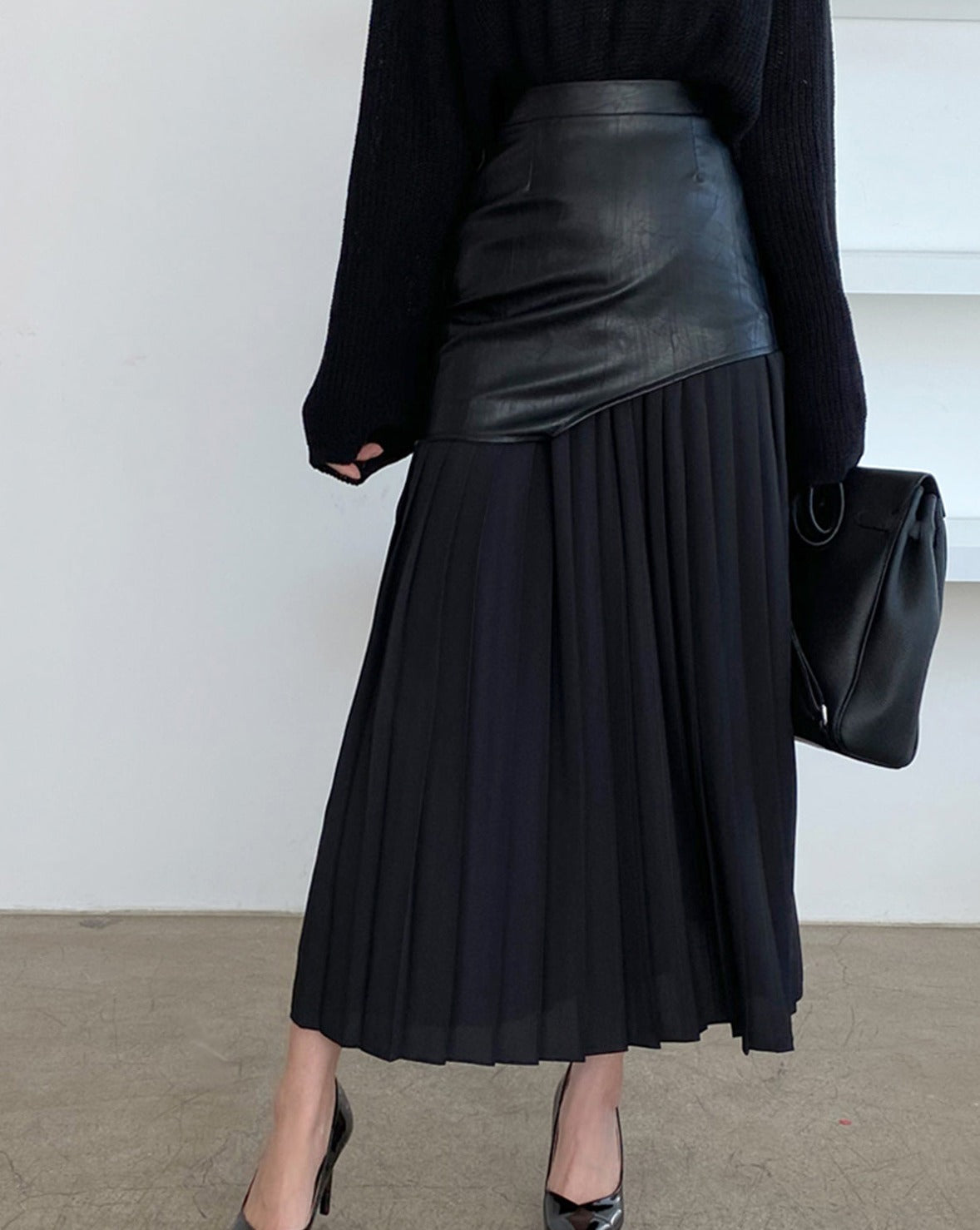 Asymmetric Patchwork Faux Leather Chiffon Pleated Midi Skirt