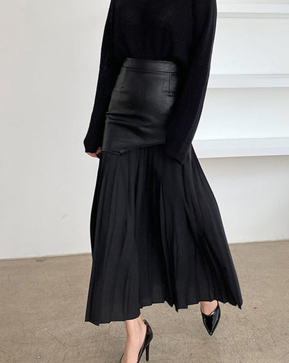 Asymmetric Patchwork Faux Leather Chiffon Pleated Midi Skirt Black