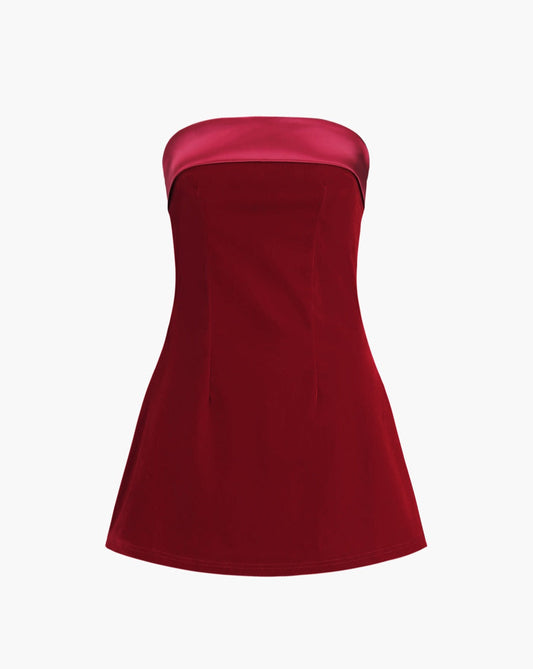 Satin Velvet Strapless Short Dress Red