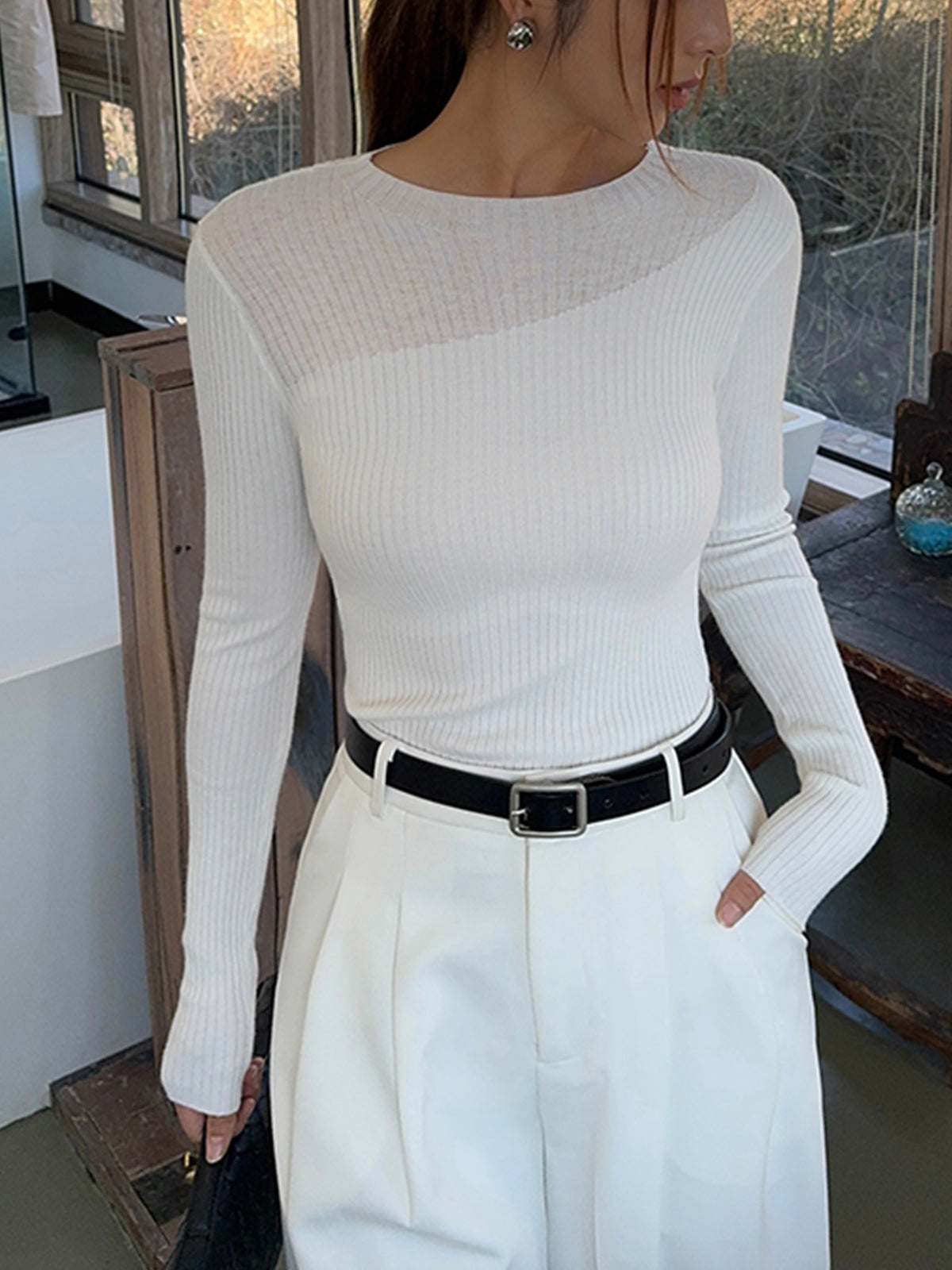 Knit Ribbed Crew Neck Asymmetric Top White