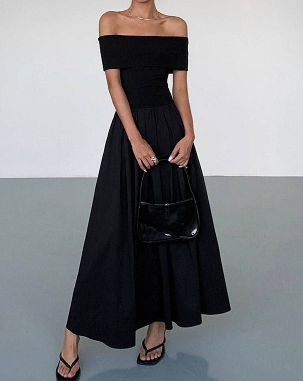 Frenchy Solid Off-Shoulder Long Dress Black