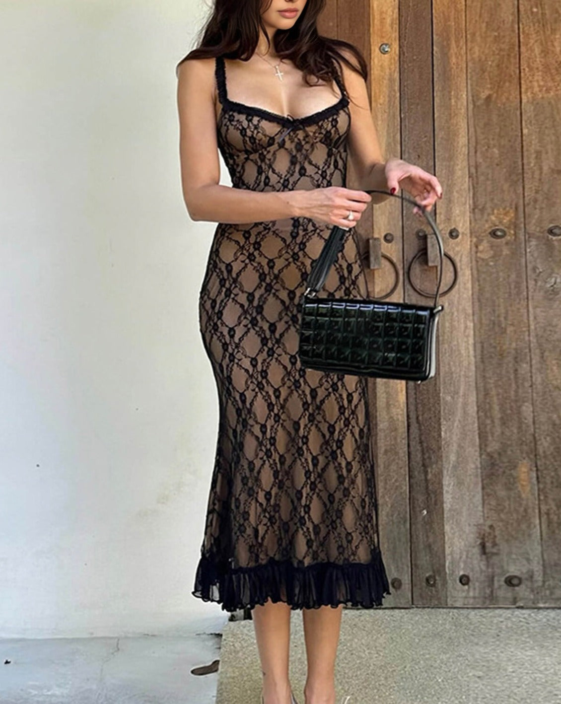 Lace Patchwork Cami Midi Dress Black