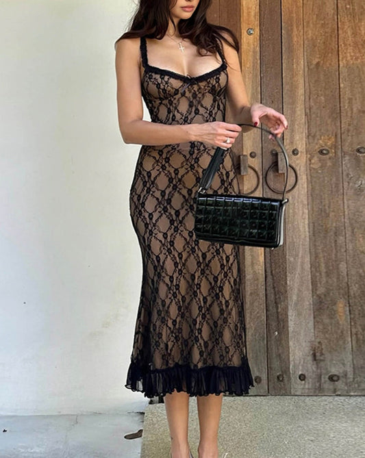 Lace Patchwork Cami Midi Dress Black