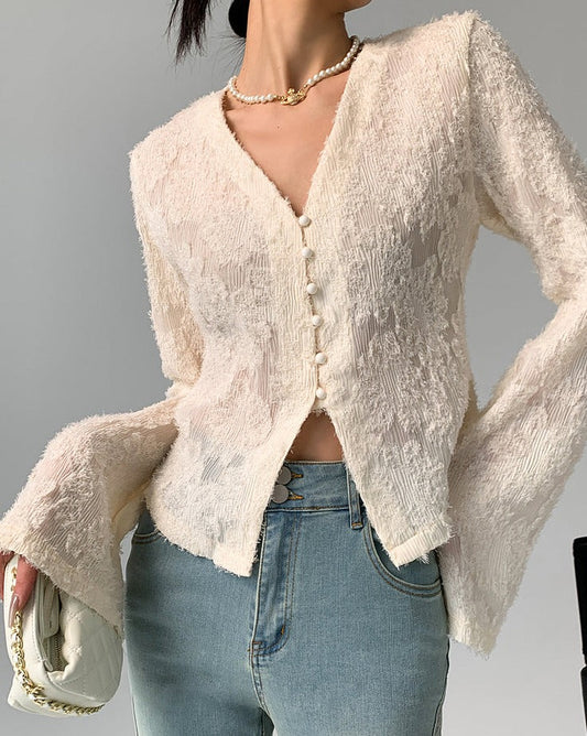 V-Neck Ruffle Long Sleeve Blouse Apricot