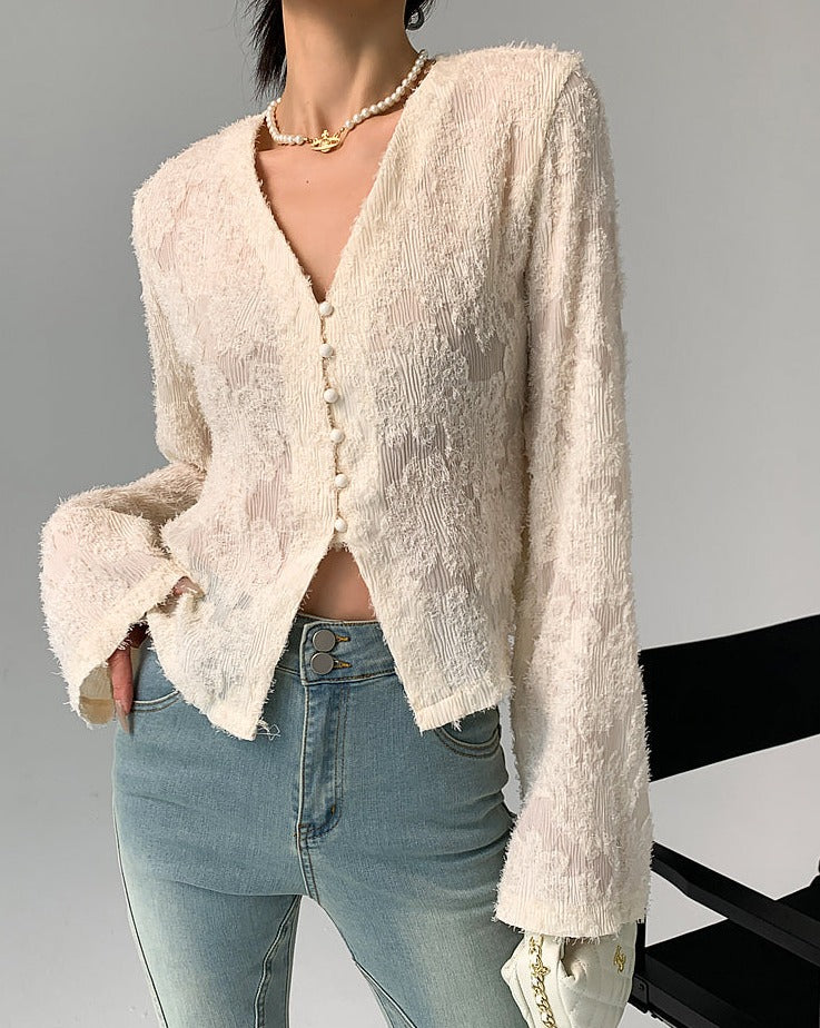 V-Neck Ruffle Long Sleeve Blouse