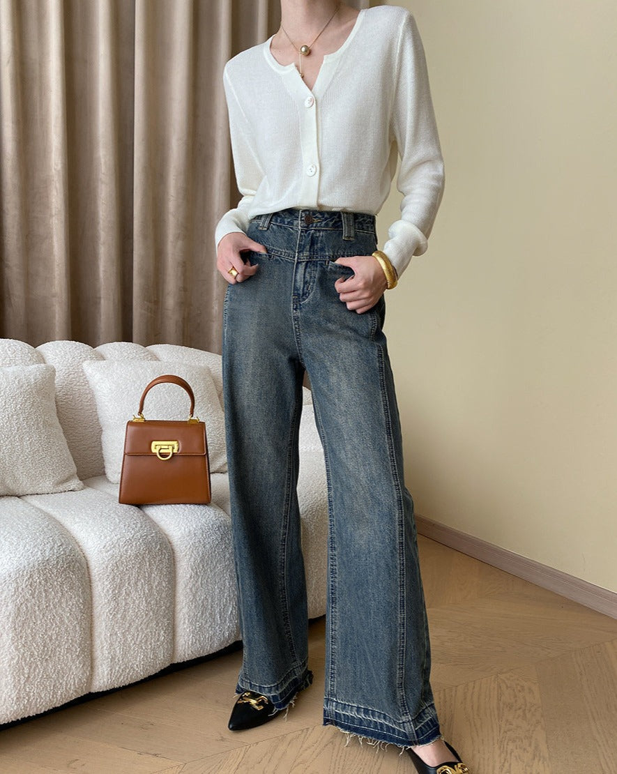 Vintage Denim Button Wide Leg Jeans