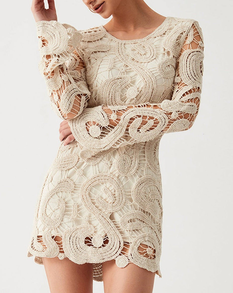 Crochet Paisley Long Sleeve Short Dress Apricot