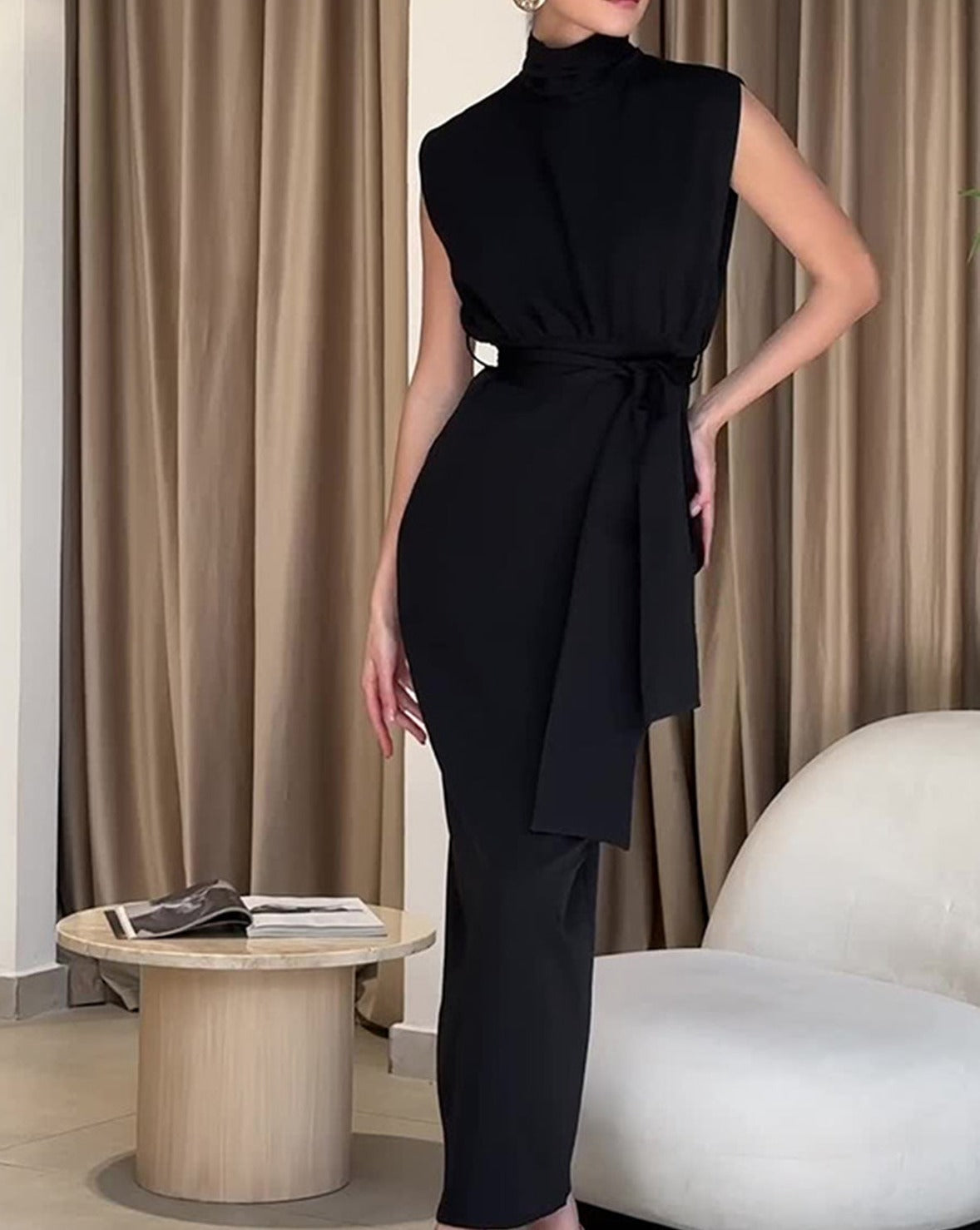 Solid Slit Belted Turtleneck Long Dress