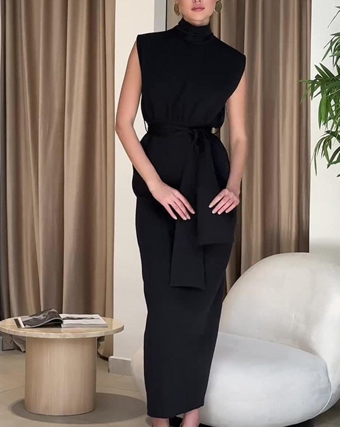 Solid Slit Belted Turtleneck Long Dress Black