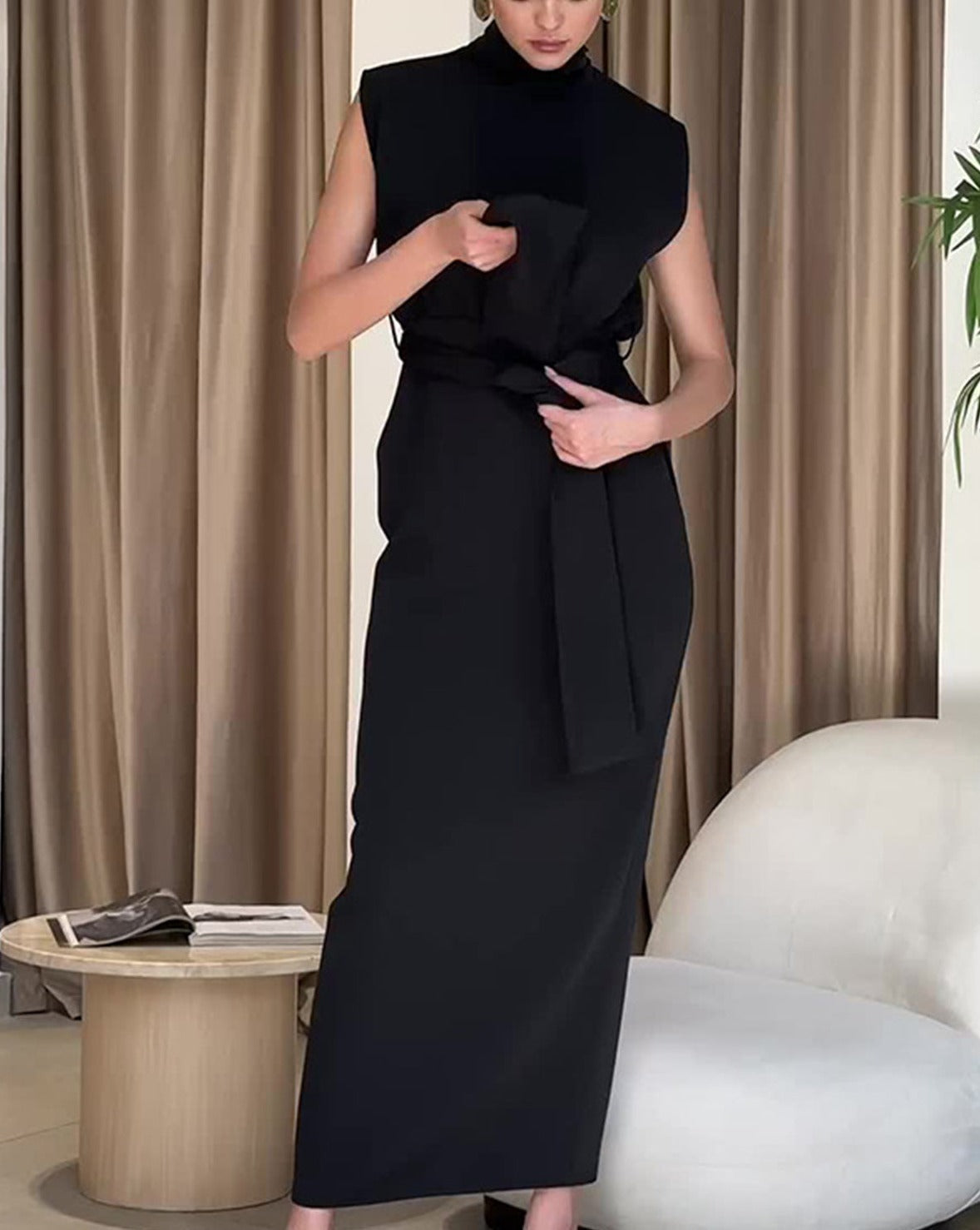 Solid Slit Belted Turtleneck Long Dress