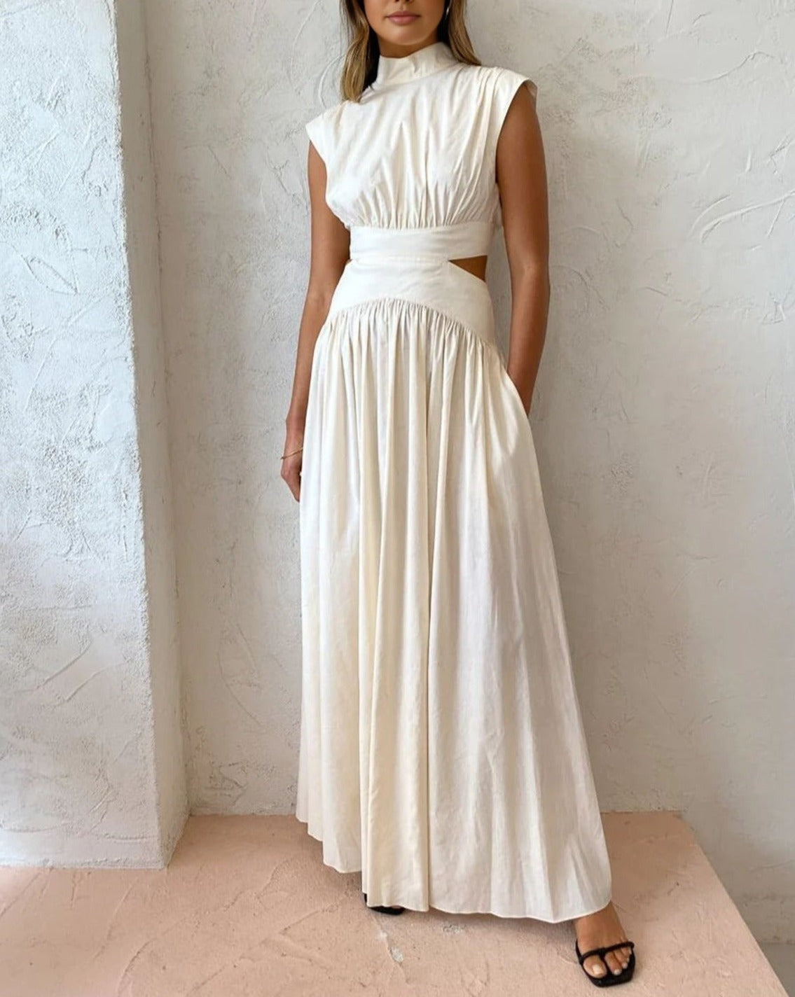 Mock Neck Cut Out Long Dress White