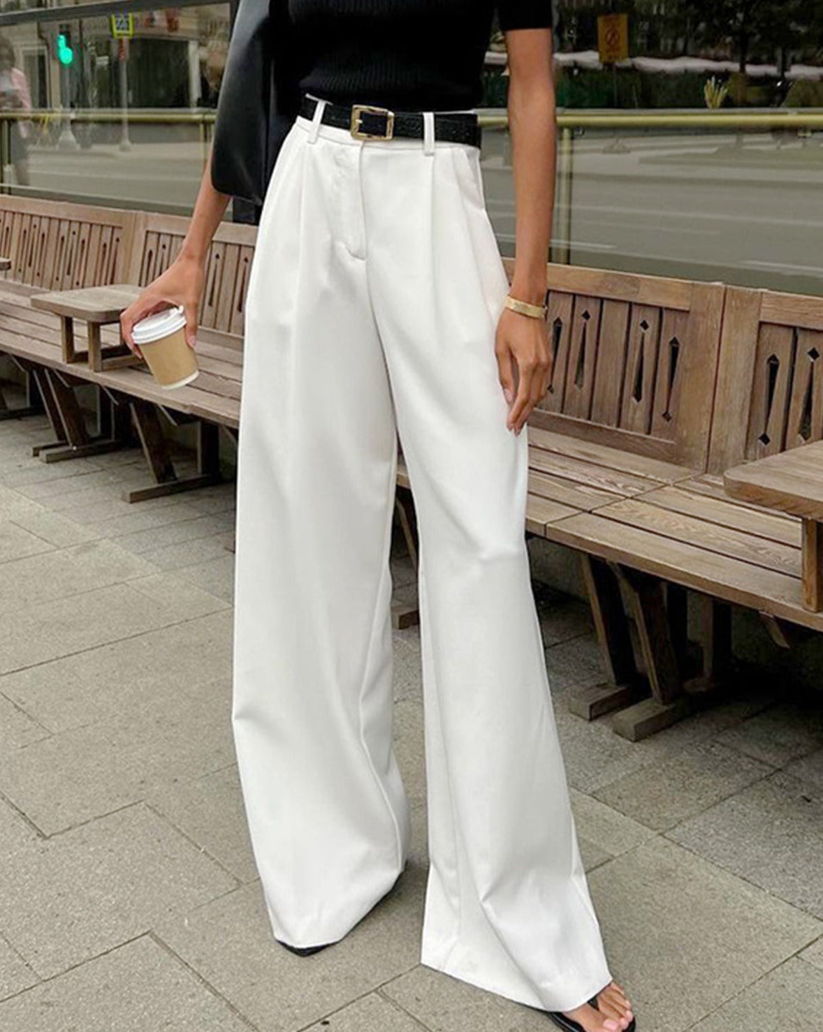 Solid Wide Leg Pants Without Belt White