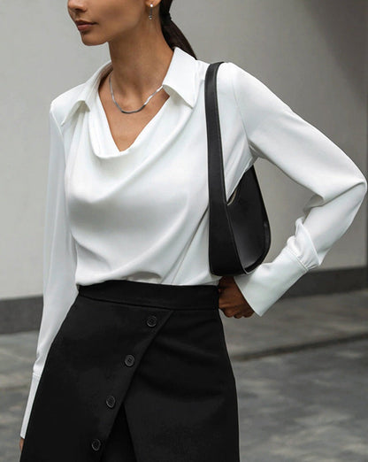 V-Neck Pleated Long Sleeve Blouse