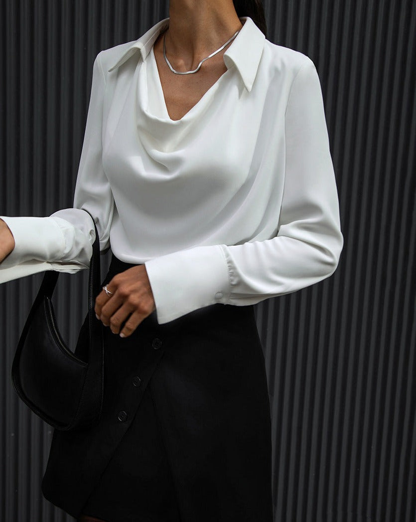 V-Neck Pleated Long Sleeve Blouse White