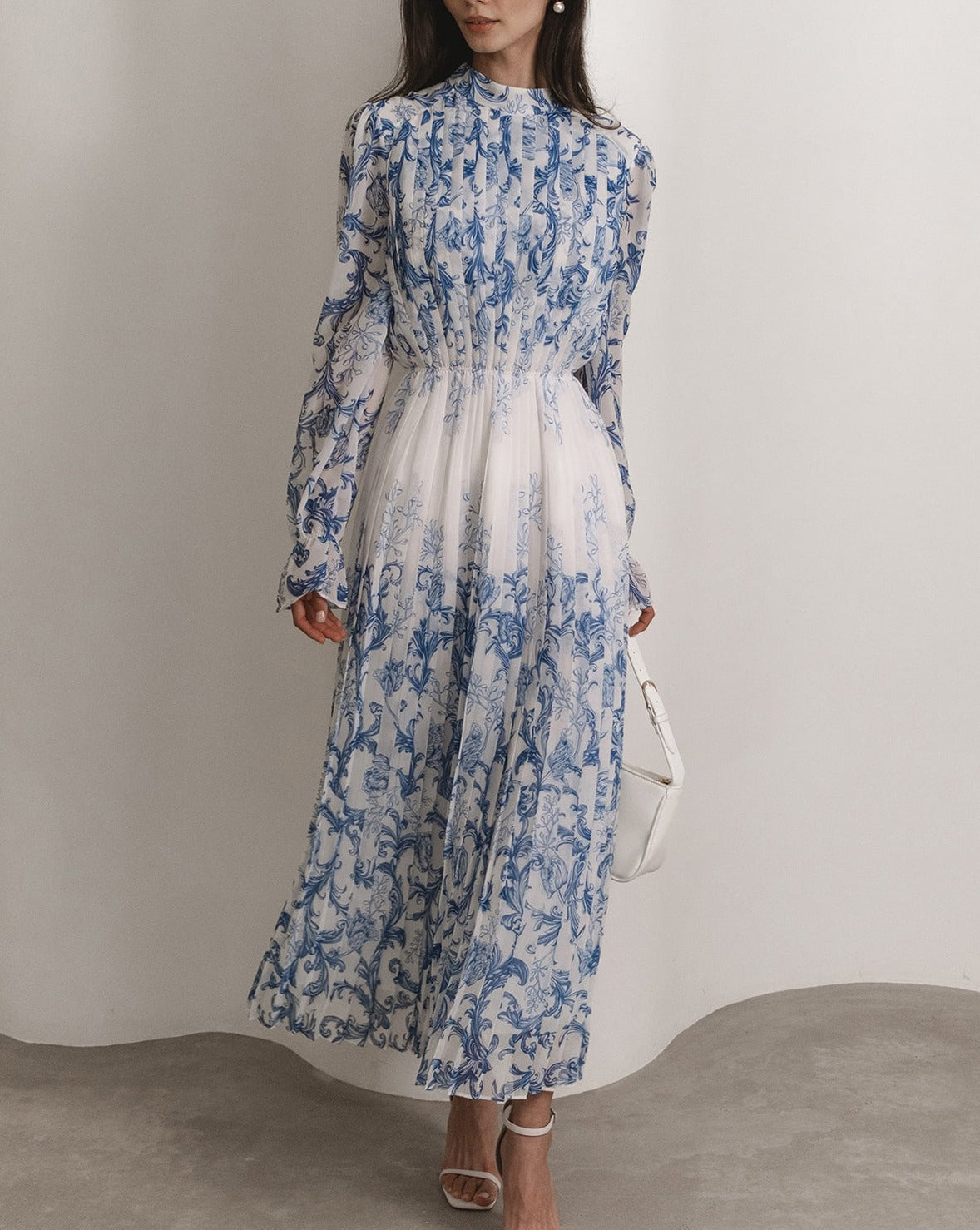 Plant Pattern Printed Pleated Midi Dress LightBlue