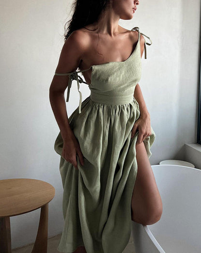 Backless Cotton Linen Lace Up Long Dress Green