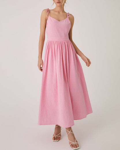 Backless Cotton Linen Lace Up Long Dress Pink