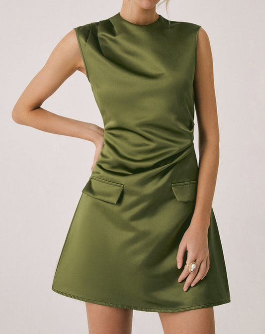 Satin Crew Neck Short Dress Green