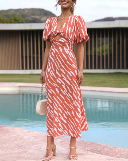 Stripe Pattern Cutout Long Dress OrangeRed