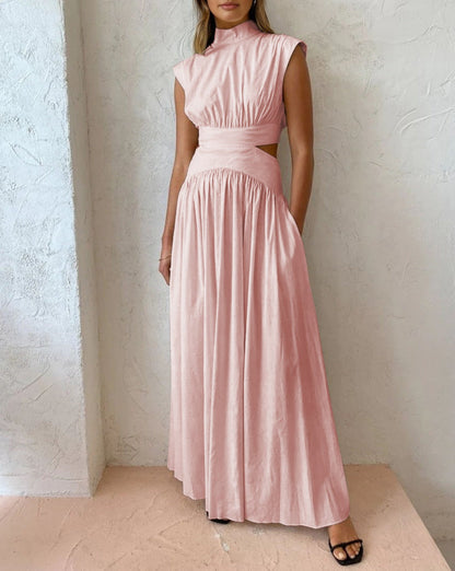 Mock Neck Cut Out Long Dress Pink