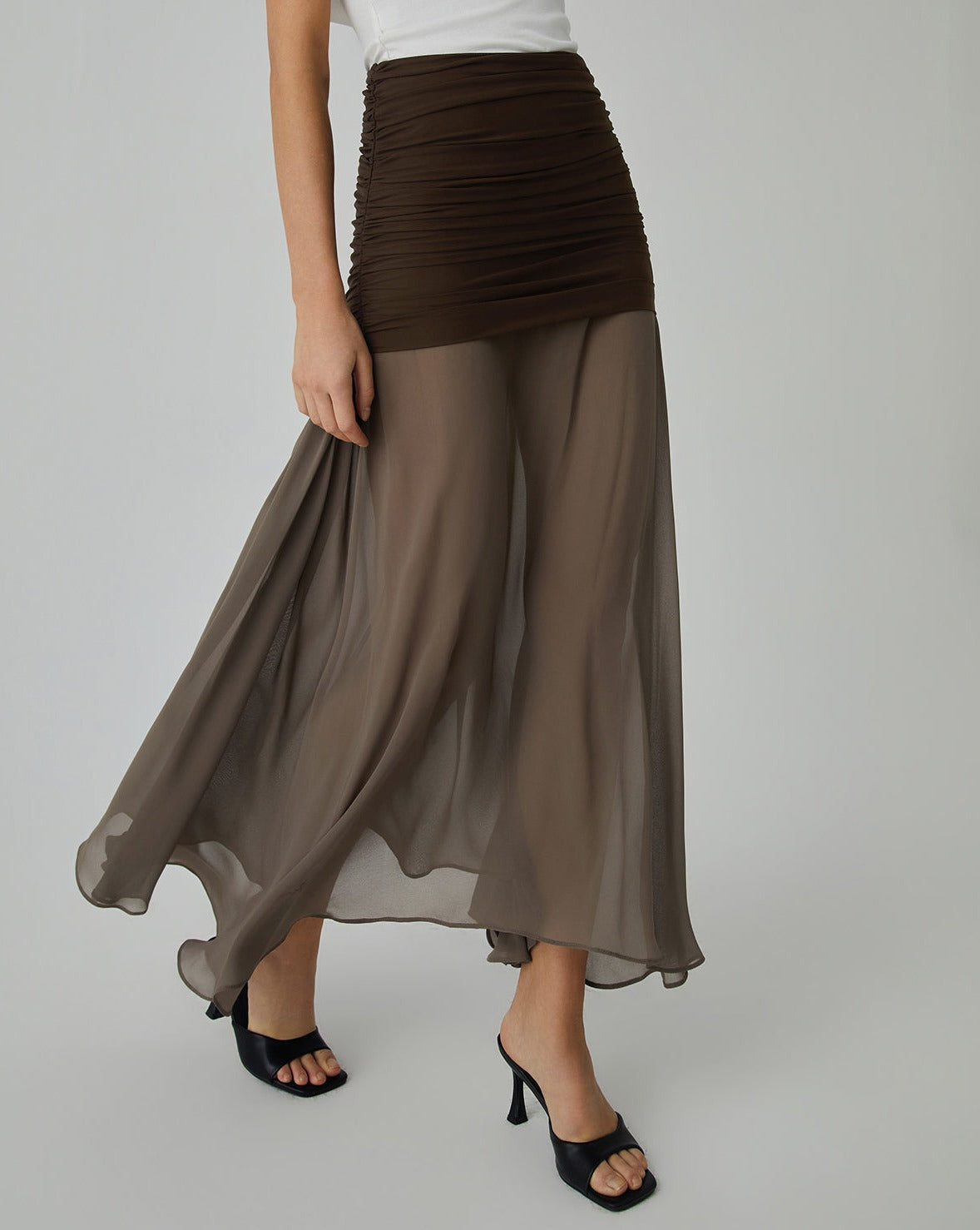 Net Chiffon Patchwork Maxi Skirt Dark Brown