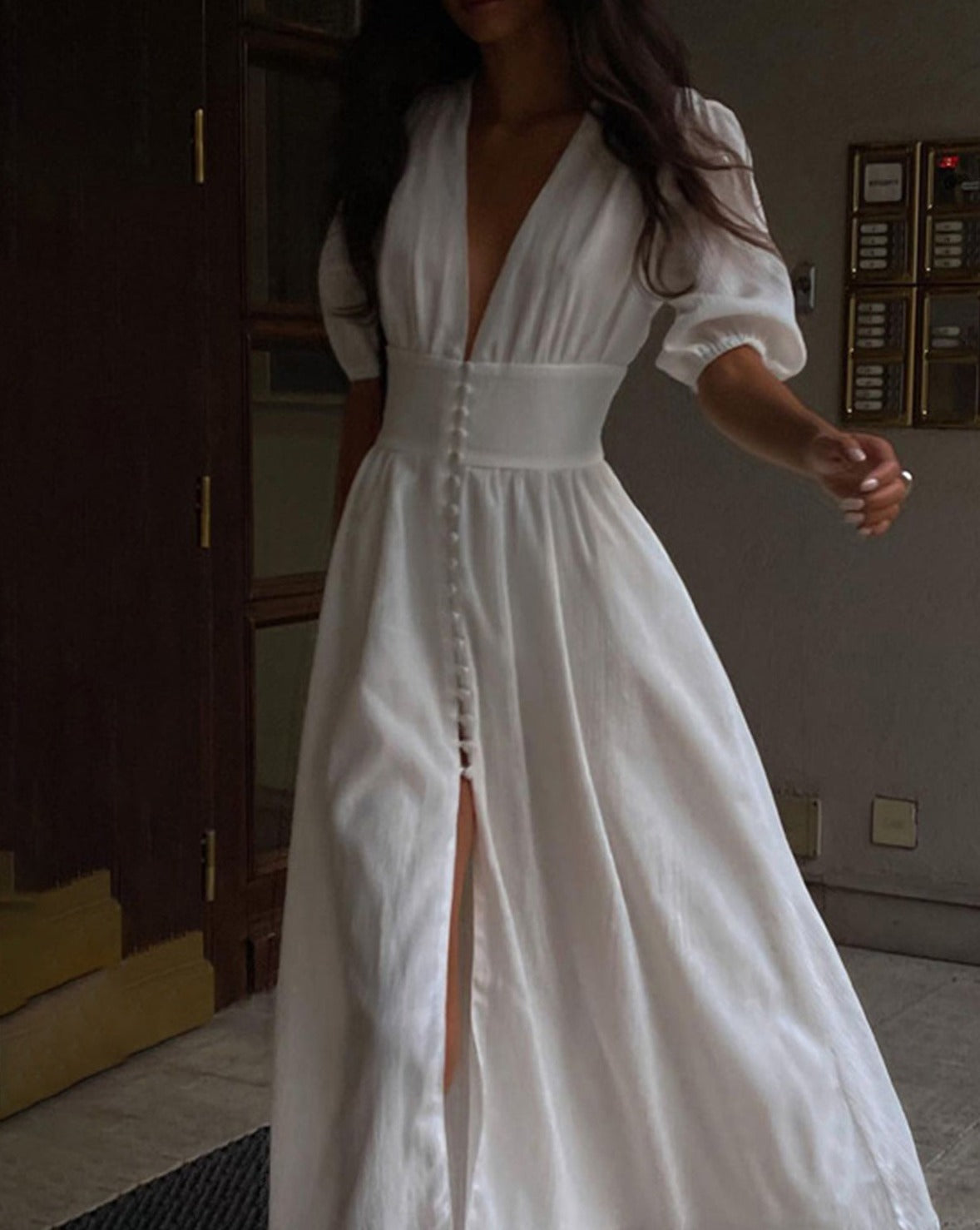 Frenchy Button Split Long Dress White